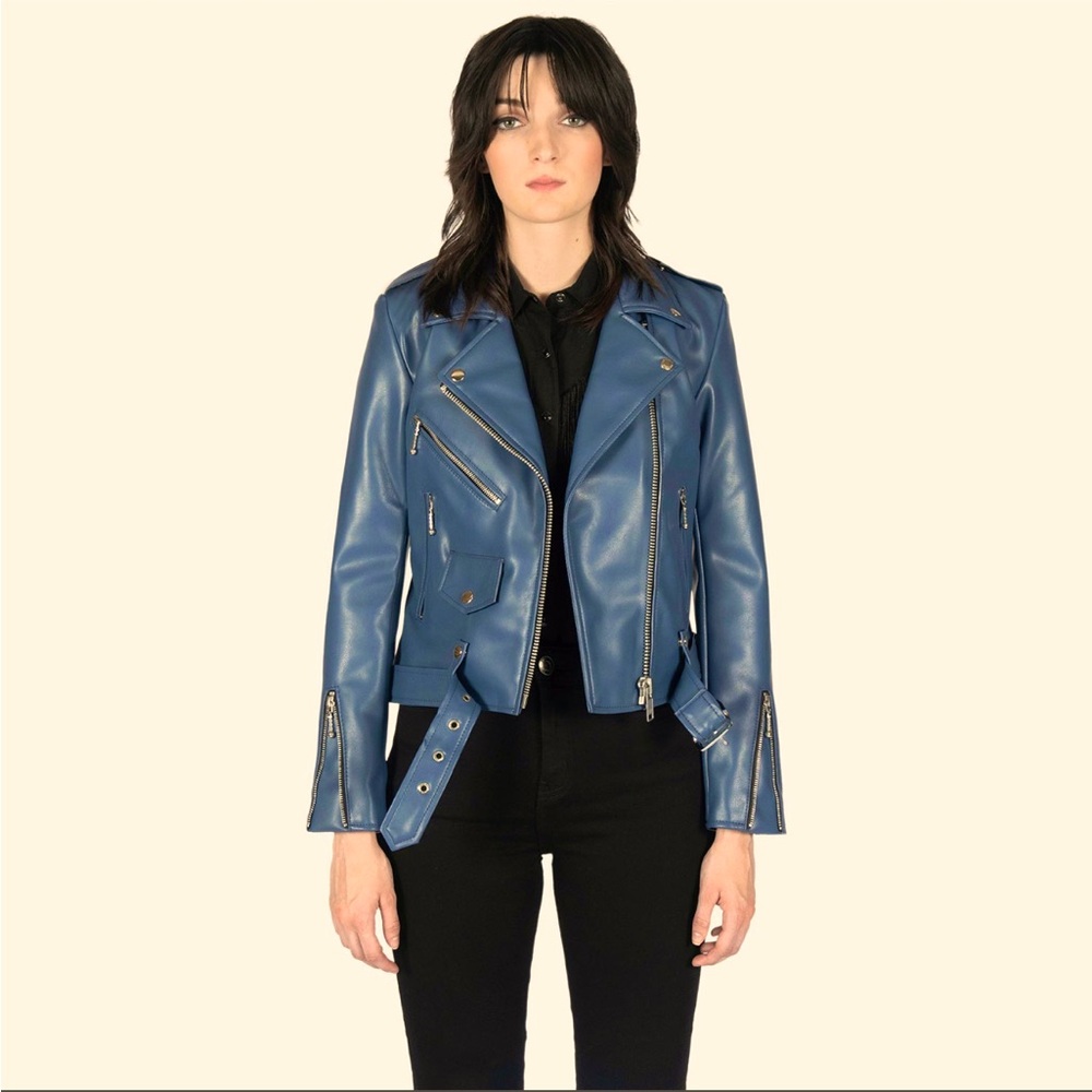 NWT STRAIGHT TO HELL VEGAN COMMANDO – BLUE AND NICKEL FAUX LEATHER JACKET XL
